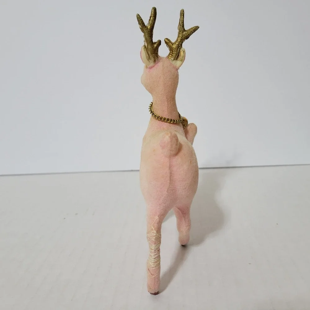 Vtg‎ Flocked Pink Reindeer Deer Lot of 2 Christmas MCM Fuzzy Kitschy 6.5
